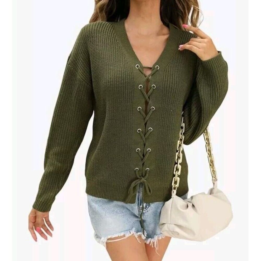 nwt Women's Cardigan Sweater Bowknot Ribbed Knit Cardigan Size L Olive Green Cas